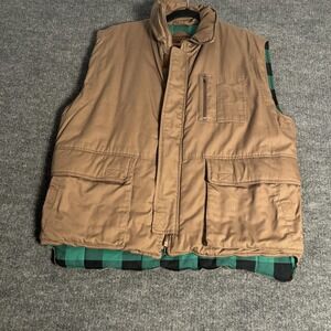 Branded Lion Vest Mens XL Brown Buffalo Plaid Lined Workwear Outdoor Pockets